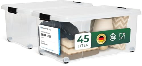 Novaliv 2x Euroboxen mit Deckel Rollen 45l 61x40x27 transparent Transparent Aufbewahrungsboxen Groß light Stapelboxen Kisten Boxen Kunststoffkiste Lagerbox Spielzeugbox