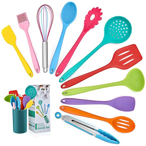 Kitchen Utensil Set, Homikit 12 Piece Cooking Utensils, Silicone Kitchen Utensils Set with Holder, Heat Resistant Kitchen Tools Include Spoons Turner Spatula Tong for Non-Stick Cookware, Multicolor