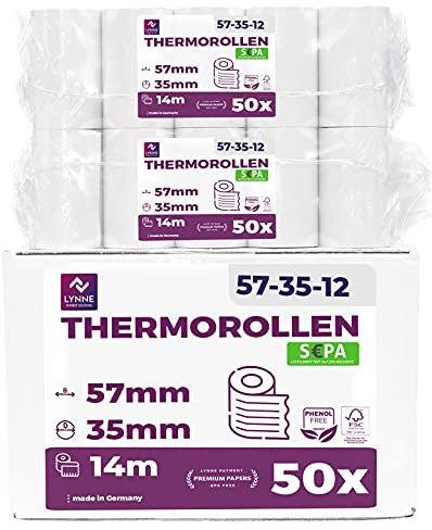 Ec-Cash Thermorollen 57mm x 14m x 12mm - Kassenrollen - Thermopapier - Bonrollen für Bankomat und Kredit-Kartenlesegeräte – mit SEPA-Lastschrifttext (EC-Cash - 57x35x12-14 Meter mit LST - 50 Rollen)