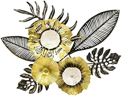MEX Wanddeko Metall Blumen Blätter Gold Schwarz Modern 51x42cm