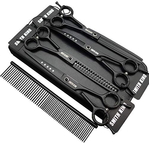 7,0 Zoll Professional Dog Grooming Scissors Set Gerade & Ausdünnen & Gebogen & Chunker & Kamm 5 Stück in 1 Set für Linkshänder & Rechtshänder schwarz