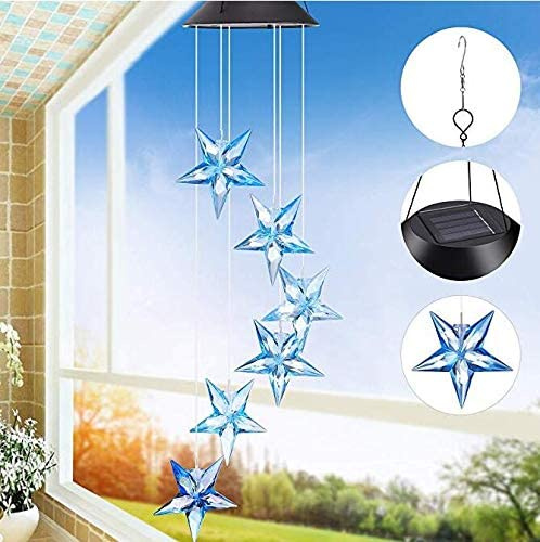 Yuehuamech Solar-Windspiel-Licht, wasserdicht, für den Außenbereich, Farbwechsel, Sonnen-/Stern-LED-Windspiel, hängende Lichter, Solar-Mobile für Party, Nacht, Garten, Dekoration