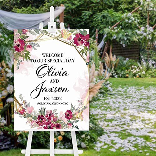 Panneau de bienvenue personnalisé en bois avec inscription « Welcome to Our Special Wedding » - Bordeaux doré - Panneau d'entrée personnalisé pour invités de mariage vertical en bois - 61 x 45,7 cm