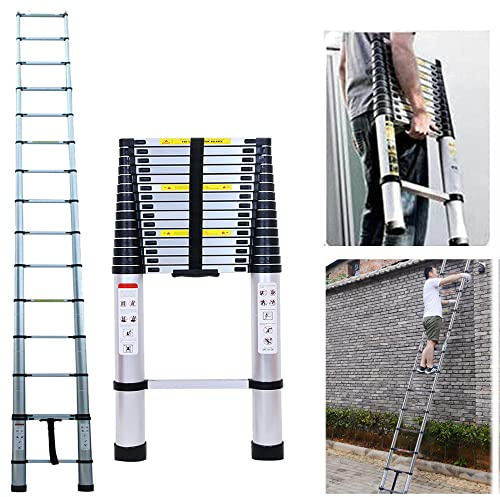 Scala telescopica in alluminio, 4,4 m, pieghevole, allungabile, scala a pioli multiuso, antiscivolo, facile da usare, portata 150 kg, colore argento