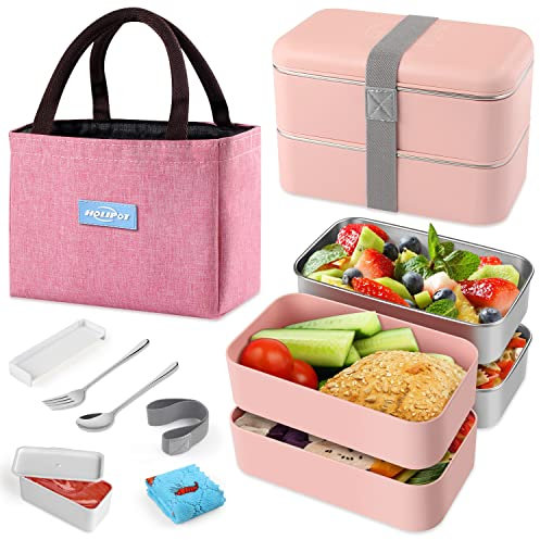 HOLIPOT Bento Box, Lunchbox Brotdose mit Fächern 2 Ebenen mit 2 Stück Umweltfreundlichen PP & Edelstahlbehältern, mit Gabel-Löffel-Teilern Tragetasche,für Kinder und Erwachsene
