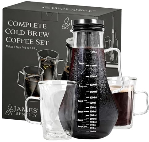 James Bentley Complete Cold Brew Coffee Set – Cold Brew Coffee Maker Glass for Hot and Cool Drinks, Fridge Friendly — Glass Carafe, Stainless Steel Infuser, Double Wall Cups x2, & Cleaning Brush
