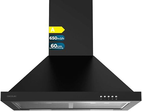 Cecotec Hotte Aspirante 60cm Pyramid Bolero Flux PM 606500 Black A. 165W Motor, Stainless Steel Finish, 650m3/h Suction, Mechanical Control, 3 Power Levels, Light, and Carbon Filter