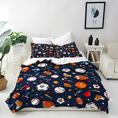ANHOPE Sports Theme Duvet Cover Set Soft Lightweight 3Pcs Bedding Set with 2 Pillowcase Football Soccer Basketball Baseball Print Pattern Kids Boys Teens Quilt Cover with Zipper Closure Single Size