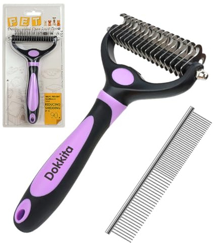 Spazzola per Cani e Gatti per Pelo Lungo, Dokkita Toelettatura Pettine per Cani Professionale, Cardatore Districante con 17+9 Lame Arrotondate, Pettine per Sottopelo Rimuove Sottopelo e Grovigli-Viola