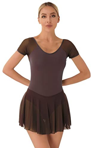 Agoky Damen Ballettkleid Kurzarm Ballett Trikot mit Rundhalsausschnitt Gymnastikanzug Sport Body mit Mesh Tutu Rock Slip Dancewear Coffee H S