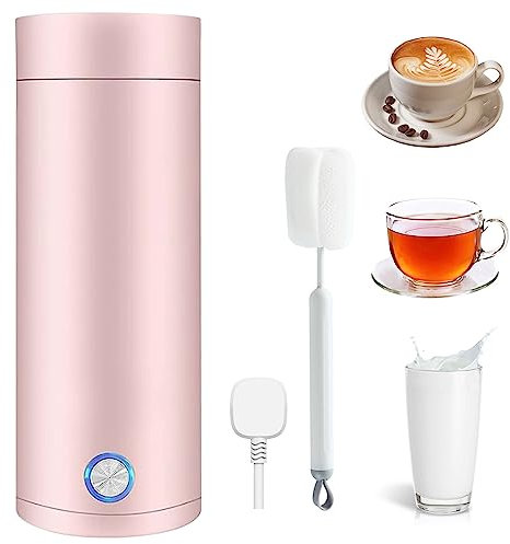 Calentador de Agua Portatil, 3 en 1 Hervidor Agua Electrico Pequeño, Forro de Acero Inoxidable, 5 Minutos de Ebullición Rápida, con Cepillo de Limpieza para té, Leche, Café (Rosa)