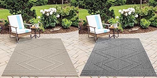 Vielseitiger In & Outdoor Teppich: Wetterfest, Waschbar, Flachgewebe in Sisaloptik mit Marokkanischem Design - Ideal für Küche, Camping, Terrasse, Balkon und Garten, Größe:140 x 200 cm, Farbe:Grau