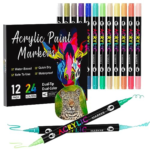 Sonlaryin Acrylstifte für Steine Wasserfest, 24 Farben 12 Stück Doppelspitzen Stifte Steine Bemalen Wasserfest, Acrylstifte für Glas, Stifte für Holz Bemalen für Papier, Keramik, Leinwand, DIY