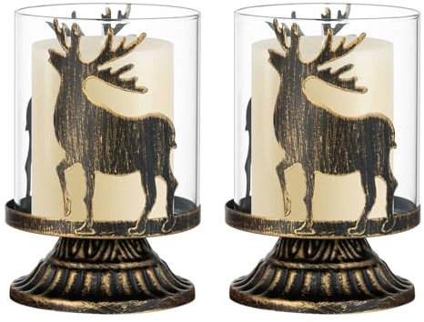 Sziqiqi Stag Pillar Candle Holders Shabby Chic, Vintage Hurricane Tea Light Holder Set of 2, Decorative Reindeer Candle Stands Centerpieces for Christmas Table Mantle Fireplace Decoration, Black