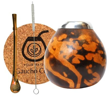 Gaucho Cebar Set Calabaza Natural MISTERIO para Yerba Mate Té | Taza de calabaza y pajita de acero inoxidable Bombilla Straw | Accesorios - almohadilla de corcho y cepillo, marrón