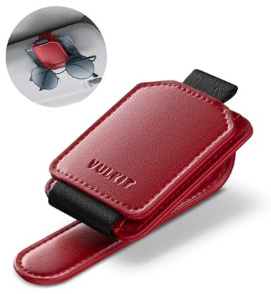 VULKIT Sunglasses Holder for Car Sun Visor, Magnetic leather Sunglasses Card Clip Organizer, Eyeglasses Hanger Mount, Car Visor Accessories, Auto Travel Essentials (Red)