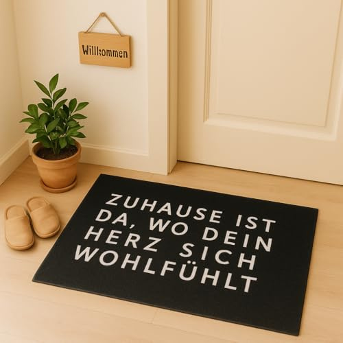 KAMACA Fußmatte mit Spruch Zuhause ist da, wo Dein Herz Sich wohlfühlt rutschfeste Schmutzfangmatte 40x60 cm für Haus Wohnung Flur robust Fußabtreter Türmatte (Türmatte Herz 40x60)