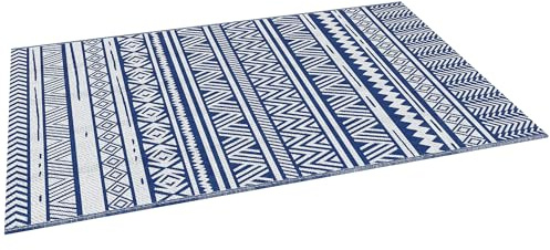 Outsunny Tappeto da Esterno Reversibile 182x274 cm Blu Scuro e Bianco | Tappetino con Fantasia Geometrica, Resistente ai Raggi UV, per Balcone e Terrazza, Giardino, Patio, Spiaggia, Picnic