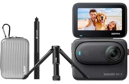 Insta360 GO 3 Black 128GB Premium Kit - The Tiny Mighty 2.7K Waterproof (5M) Action Camera with Action Pod and Flip Screen. Inc Invisible Selfie Stick, Extendable Desktop Tripod & Aluminum Camera Case