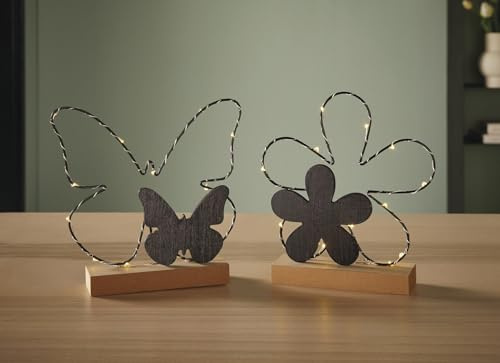 Dekoleidenschaft LED Deko Schmetterling & Blume aus Holz & Metall, schwarz, Leuchtdeko, moderne Frühlings-Deko mit Beleuchtung in warmweiß, Dekofigur