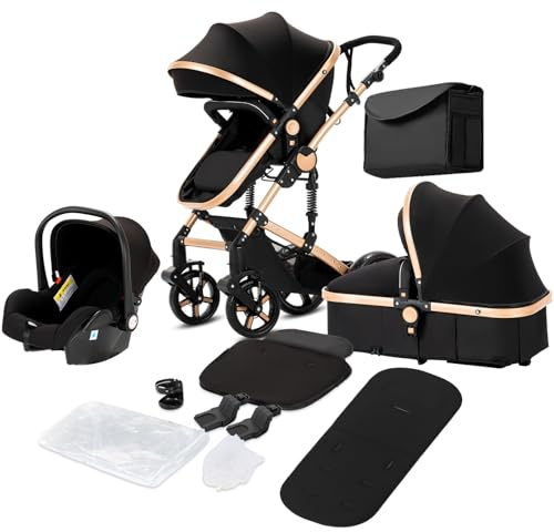 NADDLILY Barnvagn 3-i-1, buggy med vändbar tvåvägs dragkraft, barnvagn med vikbar bärbar enklickdesign, barnvagn 3-i-1 komplett set med tillbehör högt landskap (588 svart guld)