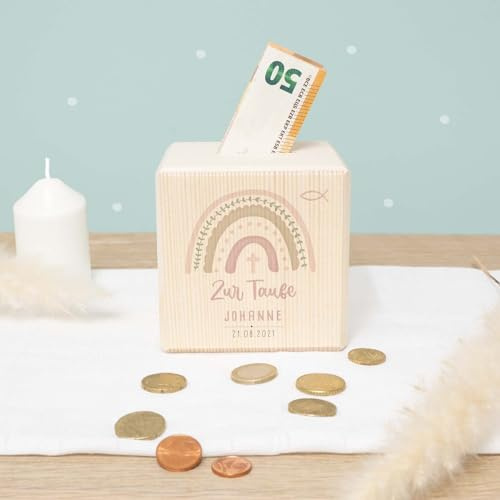 Spardose Taufe - Personalisierte Holzspardose - Geschenk zur Taufe, Taufgeschenk für Mädchen & Jungen - Sparschwein - hellomini (Regenbogen Rosa)