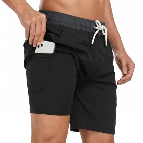 AUFIKR Badeshorts für Herren Herren Doppelschicht Beach Shorts mit Kompressionsfutter 2 in 1 Board Shorts mit Taschen Surfen Sport Surfbrett Shorts