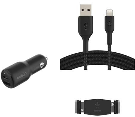 Belkin Premuim Car Bundle(42W Dual Port Fast Car Charger & USB-C to Lightning 1m Charging Cable & Vent Mount)