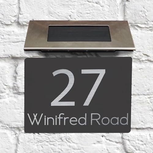 KreateSquare Personalised Door Number Plaques with Solar Light House Sign, Engraved Address Plaques for Homes, Front Door Signs, Wall Mounted Name Plates, lighted house numbers (Grey, Design 3)