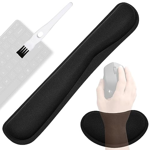 FANWINKJ Juego de 2 reposamuñecas para teclado y ratón, con cepillo para teclado, espuma viscoelástica, diseño ergonómico, lavable, antideslizante, para teletrabajo, oficina, juego (negro)