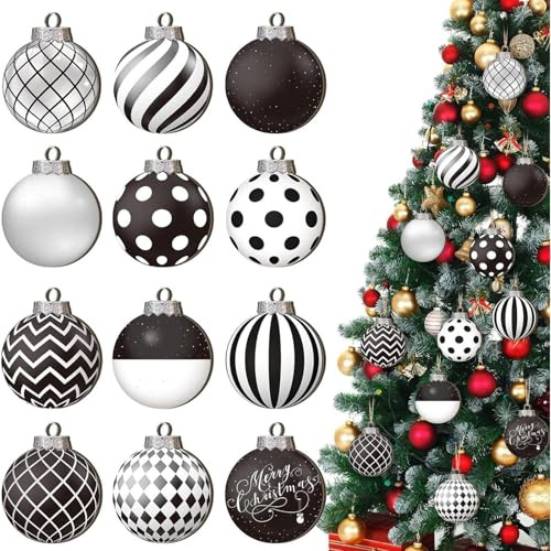 Boules de Noël à Pois Noires et Blanches - Boules d'hiver de Ferme - Boules de Noël à Carreaux Noirs et Blancs - pour Les Vacances, Les fêtes, Les événements, la décoration d'arbre (12 pièces)