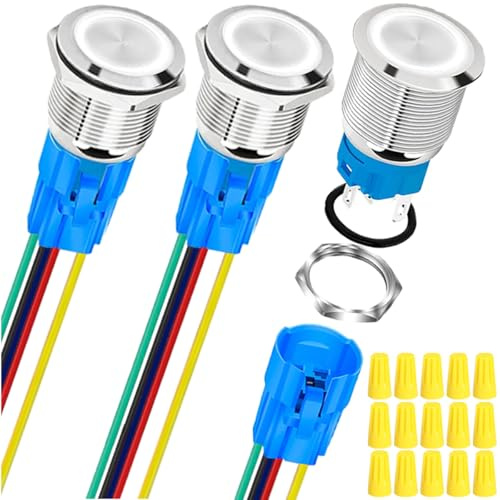 MKBKLLJY 3 interruttori a pulsante autobloccanti da 16 mm, DC 12 V, 5 A, in acciaio inox, impermeabile, anello LED bianco per foro di montaggio da 0,63 con tappo di cablaggio per auto
