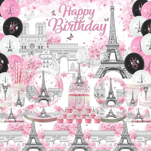 LSJDEER Paris Eiffel Tower Birthday Party Decorations, Plates Cups Napkins Tablecloth Happy Birthday Backdrop Cake Toppers, Serves 20