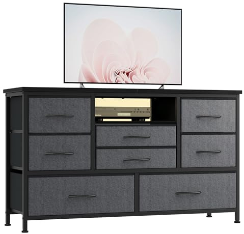 CherishCradle Commode à 8 Tiroirs & Meuble TV avec LED, Station De Charge, Commode De Chambre avec Structure en Métal, Tiroir en Tissu, Meuble De Rangement