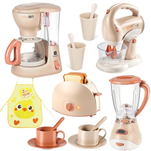 Play kitchen set with coffee machine toy ,toaster,mixer ,blender and toy kitchen accessories ,gifts for 3 4 5 6 year old girl and boy