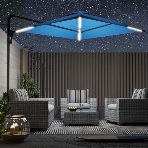 AECOJOY 10ft Solar LED Wall Mounted Outdoor Patio Umbrella, Rectangular Large Offset Cantilever Umbrellas with 180° Rotation Sun Canopy for Deck Pool Garden Backyard, Save Space, Blue