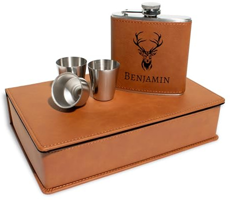 Flachmann Set personalisiert mit Gravur - Hirsch-Design mit deinem Namen - Edelstahl mit Kunstleder – Geschenkbox für Männer - Outdoor & Camping - Braunes Kunstleder