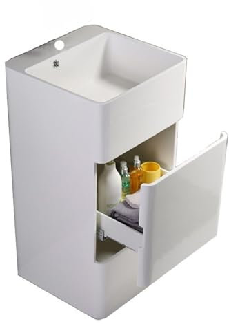 Lavabo de pedestal Tocador de baño cuadrado con cajón de almacenamiento, lavabo de pie de piedra artificial, lavabo de pedestal de baño cuadrado moderno con orificio de desbordamiento y orificio for g