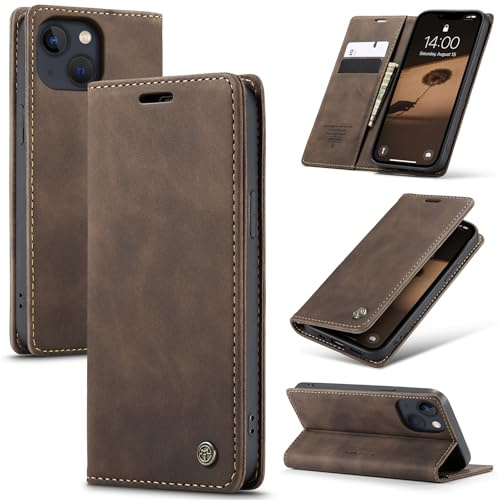 Azororo Handyhülle für iPhone 14 5G Hülle Premium Lederhülle Flip Case Magnet Tascher Kartenfach Standfunktion Klapphülle Schutzhülle für iPhone 14, Kaffee