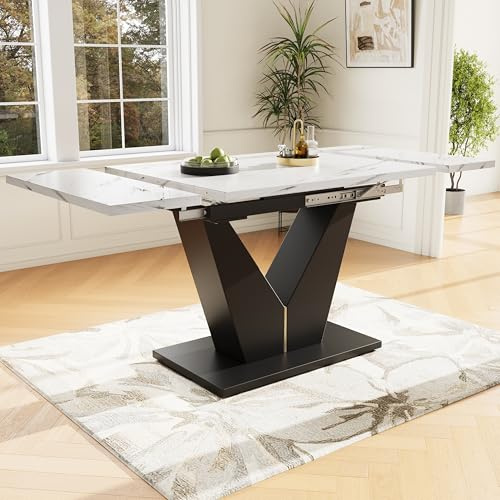 Merax Ausziehbarer Esstisch 99–159 x 75 cm, platzsparender Küchentisch mit breiter Arbeitsfläche, Flexibles Design für Homeoffice&Wohnzimmer, weiße Tischplatte mit V-förmigem Gestell