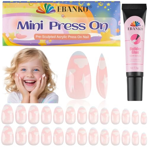 EBANKU 26 Stück Nägel aufdrücken für Kinder, Rosa Mandel Volle Deckung Acrylnagel Tip Kit mit Nagelkleber Kinder kurze künstliche falsche Nägel Kits für Mädchen