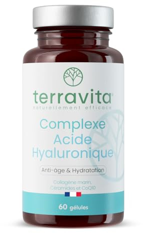 Complexe ACIDE HYALURONIQUE 200 mg | Avec Collagène Marin Peptan + Resvératrol + CoQ10 + Vit C | Formule Peau | Anti-âge, Anti-Rides, Hydratation et Elasticité | 60 Gélules Made in France | Terravita