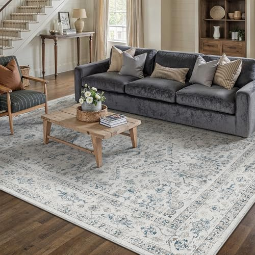 PureCozy Vintage Blauer Teppich Wohnzimmer 160x230cm Schlafzimmer Wohnzimmerteppich Boho Waschbarer Carpet Weich rutschfest Teppiche Esszimmer Büro Kurzflor Groß Tepich