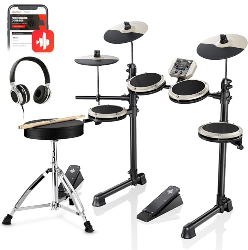 Donner DED-80 Electric Drum Kit with 4 Quiet Mesh Pads, 180+ Sounds, 30 Demo Songs, 10 Cymbals, 2 Pedals, Throne, Headphones, Sticks, USB MIDI, Melodics Lessons, White