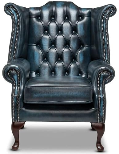Chesterfield Chaise Queen Anne à dossier haut – 100 % cuir bleu antique véritable | Fauteuil à oreilles fait à la main avec touffetage de boutons profonds, pieds en acajou et cadre en bois dur FSC |