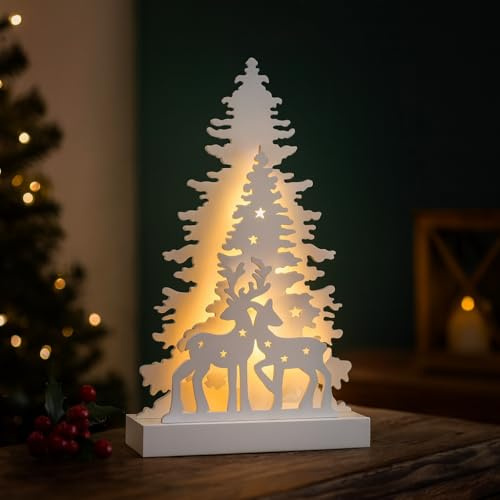 Marco Paul White Wooden Pre-lit Reindeer Artificial Christmas Tree Scene Ornament – Large 33cm LED Light-Up Christmas Decoration Battery-Operated Candle Bridge with timer for Table Top Decor