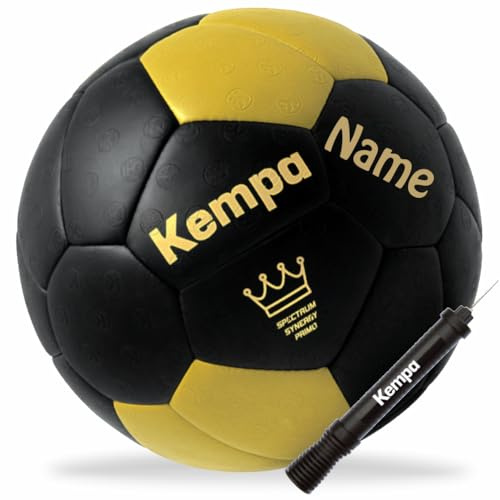 Kempa Sportartikelland Bundle Handball Spectrum Synergy Primo schwarz/Gold personalisiert Größe 1 mit Aufdruck Name Doppelhub Ballpumpe