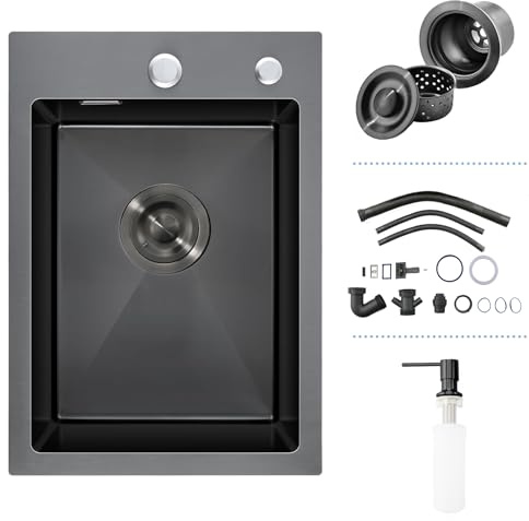 35×50cm Fregadero Cocina Negro Gris, Fregadero Cocina 1 Seno sobre Encimera ou Empotrado, Fregadero Negro 1 Seno Inox con Desbordamiento y Sifon, Dosificador de Jabón | Topmount Rectangular 1 Bowl with 2 Tap Holes Basket Strainer Waste & Overflow Kit Dispensador de Jabón Undermount RV Bar