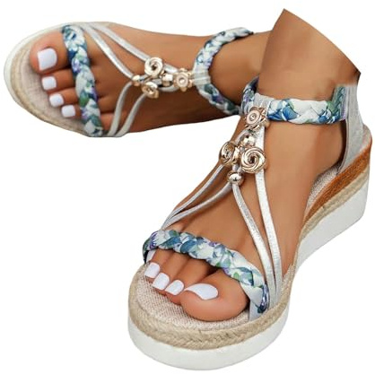 Plattformssandaler kvinnor sommar dressy Espadrille kilar plattform casual högklackade öppen tå sandal sommar ledig plattform bohemisk slip-on kil sandal med elastisk ankelrem promenadskor, C Silver