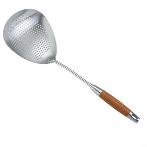 Cucharón grande con colador de acero inoxidable y mango de madera, adecuado para freír, cocinar pasta y drenaje eficiente de alimentos en la cocina (grande)